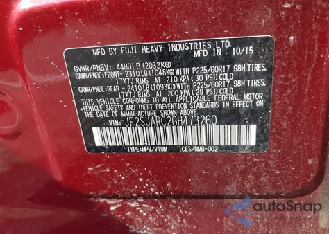 2016 Subaru Forester 2.5I Limited from USA, damaged, VIN JF2SJARC2GH473260